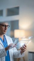 Male doctor using digital tablet with holographic DNA interface in modern medical facility for healthcare technology research and genetic analysis.