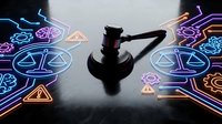 Judge gavel surrounded by glowing neon legal icons including scales of justice, law symbols and warning signs on dark surface for legal technology concepts.