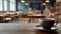 Steaming hot coffee cup on wooden table in cozy cafe interior with blurred background of empty chairs and tables.