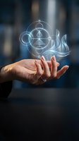 Hand holding glowing holographic symbols representing four elements earth air fire water with geometric shapes floating above palm in modern office setting.