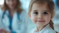 Young Caucasian girl with bright blue eyes and braided hair smiling warmly during medical checkup, with blurred medical professional in background wearing stethoscope.
