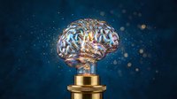 Glowing crystal brain trophy on golden pedestal against starry blue background symbolizing intelligence achievement and mental excellence in competition.
