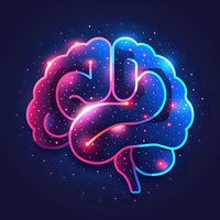 Glowing neon brain silhouette with pink and blue gradient colors on dark background, sparkling particles create cosmic atmosphere for neuroscience concepts.