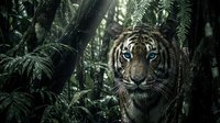 Majestic tiger emerges from dense tropical jungle foliage with piercing eyes and distinctive stripes in natural rainforest habitat for wildlife conservation campaigns.