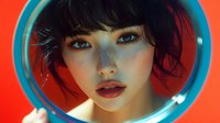 Young Asian woman with dark hair and blue eyes looking through circular blue frame against vibrant red background for modern portrait photography.