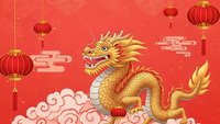 Golden dragon with red lanterns on coral background for Chinese New Year celebration and Asian festival decorations.
