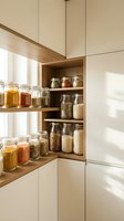 Modern kitchen pantry cabinet with open doors displaying organized glass jars containing dry goods, grains, and preserved foods on wooden shelves with natural sunlight streaming through.