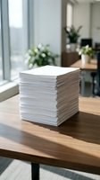 Stack of white paper documents on wooden desk in modern office workspace for business and administrative tasks.