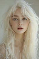 Young Asian woman with platinum blonde wavy hair and natural makeup looking directly at camera against neutral background. Soft beauty portrait with ethereal lighting.