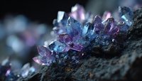 Purple amethyst crystal cluster formation on dark mineral rock surface with natural geometric facets and translucent violet gemstone structure for healing.
