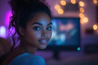 Young African American woman with curly hair in atmospheric neon lighting, soft bokeh background creates dreamy nighttime mood, purple and blue tones dominate composition.