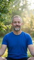 Middle-aged Caucasian man with gray beard wearing blue t-shirt, sitting outdoors among green foliage with soft bokeh background, suitable for wellness and lifestyle content.
