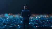 Businessman in dark suit standing before glowing network connections and city lights, representing digital transformation and future leadership in technology.