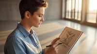 Young woman artist with short hair sketching architectural drawing in notebook with natural sunlight streaming through windows in creative workspace.