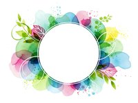 Watercolor floral frame with colorful leaves and botanical elements surrounding white circle for text or logo design on transparent background.
