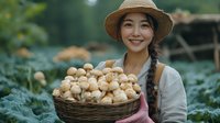 Young Asian woman in straw hat and apron holding wicker basket full of fresh mushrooms, smiling while harvesting organic produce in garden setting.