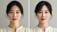 Before and after makeup comparison showing subtle enhancement with natural-looking results on Asian woman wearing white top against neutral background.
