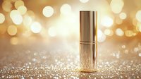 Luxurious golden lipstick standing on sparkling glitter surface against warm bokeh background, glamorous cosmetic product photography for beauty advertising.