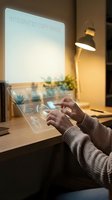 Person wearing light sweater interacting with holographic touchscreen display and keyboard at wooden desk with warm desk lamp in modern office environment.