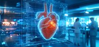 Digital hologram of anatomical heart glowing in red and blue against medical facility background with doctors silhouettes and diagnostic data visualization interface.