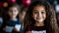 Cheerful young girl with curly dark hair and bright smile wearing burgundy dress against blurred festive background with bokeh lights and decorations.