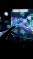Hand touching futuristic holographic display with glowing brain icons and colorful energy waves representing artificial intelligence and neural networks.