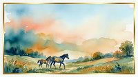 Watercolor landscape with horses grazing in peaceful countryside meadow at sunset, rolling hills and mountains in background, pastoral farm scene.