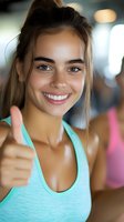 Young Caucasian woman in mint green athletic wear giving thumbs up with bright smile at fitness gym. Positive attitude and motivation for workout success.