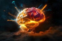Glowing human brain with electric impulses and energy waves floating in dark cosmic space, orange and blue light effects radiating power and intelligence.