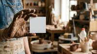 A craftsperson with dirt-covered hands holds a blank white square tile in a pottery studio workshop surrounded by clay tools and ceramic vessels.