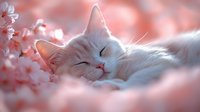 White fluffy cat sleeping peacefully among soft pink cherry blossoms with dreamy bokeh background creating serene spring atmosphere for relaxation content.