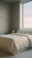 Minimalist bedroom with cream bedding, concrete walls, and large window overlooking soft sunset sky. Modern interior design for home decor and lifestyle projects.