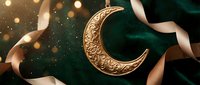 Ornate golden crescent moon with intricate Islamic patterns on emerald fabric with copper ribbons and bokeh lights for Ramadan celebration decorations.