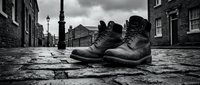 Worn leather boots sit abandoned on a wet cobblestone street lined with historic brick buildings under stormy skies, conveying loss, hardship, and urban decay for editorial and conceptual projects.