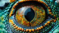 Extreme close-up of reptile eye with vibrant orange and turquoise scales, detailed iris patterns and textured skin for fantasy and nature designs.