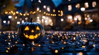 Glowing carved pumpkin with classic happy face on dark background with bokeh lights and sparkles creating magical Halloween atmosphere at night.