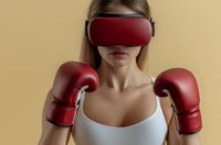 Young Caucasian woman in white top wearing VR headset and red boxing gloves against beige background, representing virtual reality fitness and gaming innovation.
