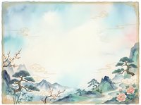 Serene mountainous landscape with blooming peonies, bamboo, and traditional Asian architectural elements in soft watercolor style, suitable for backgrounds and design projects.