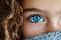 Close up of bright blue eye and natural freckles on young woman's face with ginger hair, macro photography showing detailed iris pattern and skin texture.