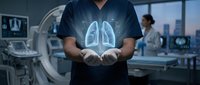 Male doctor holding glowing lung hologram in modern medical facility for healthcare technology and respiratory medicine concepts.