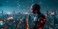 Futuristic android silhouette overlooking night cityscape with glowing lights and bokeh effects. Cinematic sci-fi atmosphere perfect for technology, artificial intelligence and future concepts.