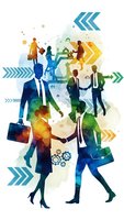 Business professionals silhouettes with colorful watercolor overlay and arrow graphics representing teamwork, leadership and corporate success concepts.