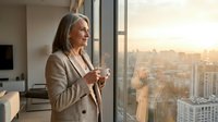 Mature woman with gray hair, Caucasian ethnicity, wearing business attire, standing by floor-to-ceiling window overlooking urban cityscape during golden hour sunset, contemplative professional moment for corporate lifestyle and business themes.