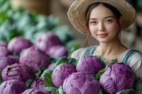 Young woman of mixed ethnicity wearing straw hat and light blue shirt holding fresh purple cabbage at farm market or garden harvest display.