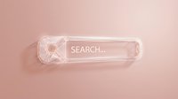 Transparent glass search bar interface with magnifying glass icon on soft pink gradient background for web design and user interface applications.