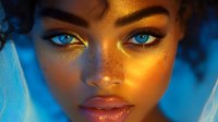 Young African American woman with striking blue eyes, freckles, and golden glitter makeup against blue background. Dramatic beauty portrait with warm and cool lighting.