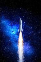 White rocket launching into deep space with bright engine exhaust trail against starry blue galaxy background, depicting space exploration and interstellar travel.