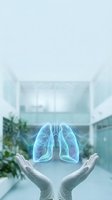 Gloved hands protecting holographic lungs in modern medical facility representing respiratory health care and pulmonary medicine concepts.