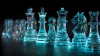 Glowing glass chess pieces on dark background with dramatic blue lighting, showcasing strategic game elements for business concept design.