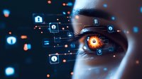 Digital eye with glowing orange iris surrounded by network icons and connection lines against dark background, representing artificial intelligence and cybersecurity concepts.